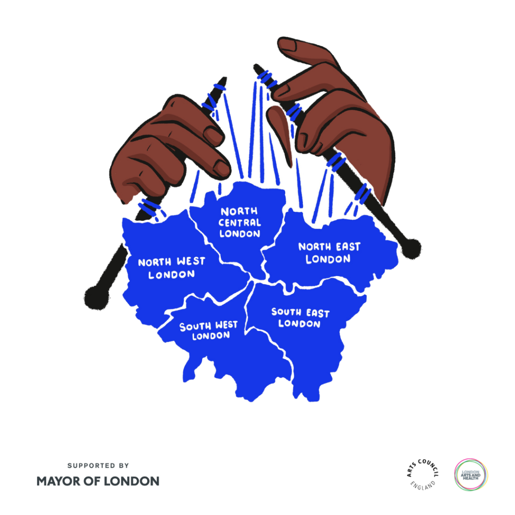 A blue map of London is being knitted together by a pair of hands.